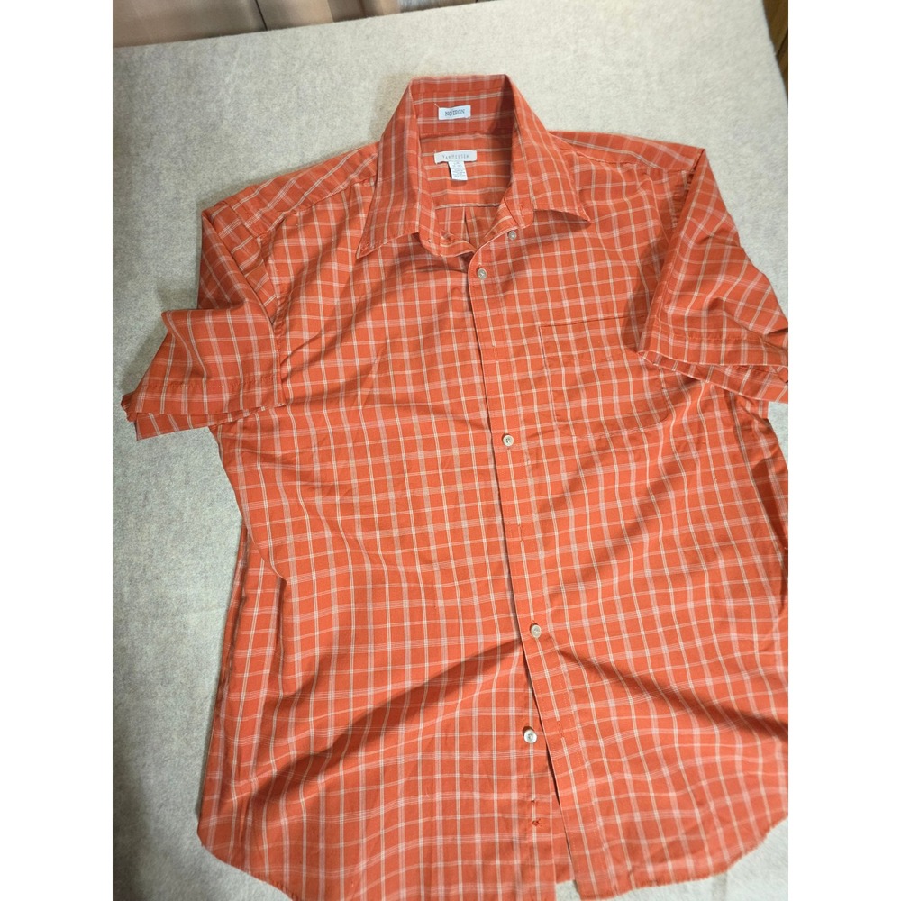 Van Heusen Mens Orange Plaid‎ Short Sleeve No Iron Button Down Shirt Large 16-16